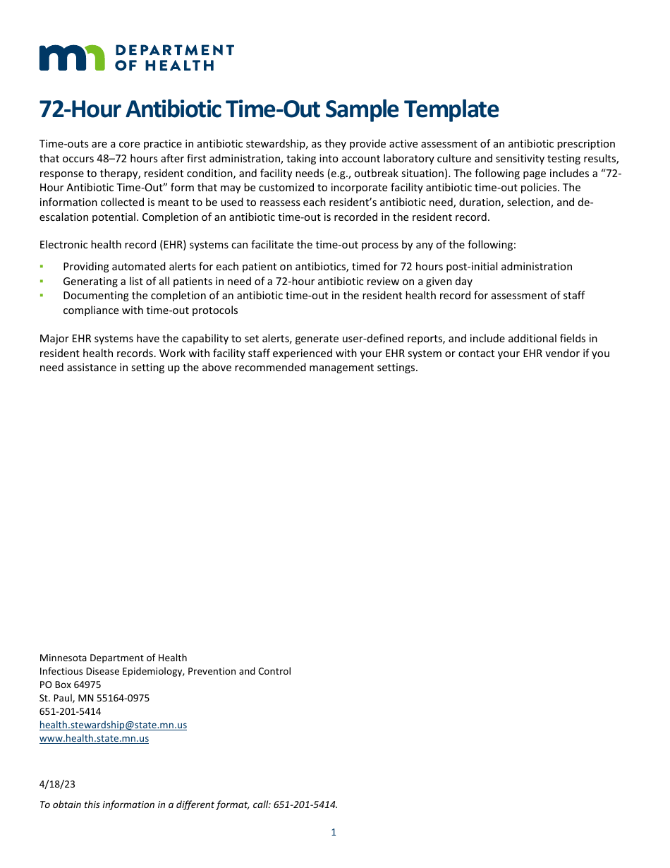 72-hour Antibiotic Time-Out Sample Template - Minnesota, Page 1