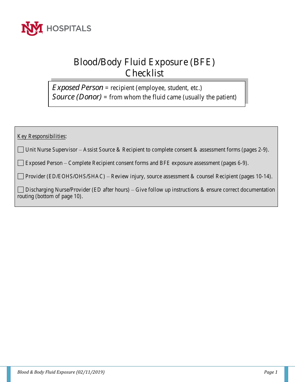 Blood Body Fluid Exposure (bfe) Checklist Download Printable Pdf 