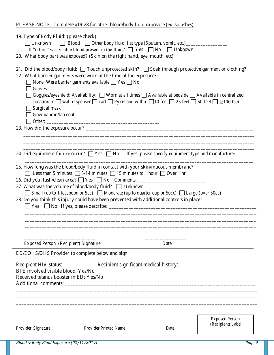 Blood/Body Fluid Exposure (Bfe) Checklist Download Printable PDF ...