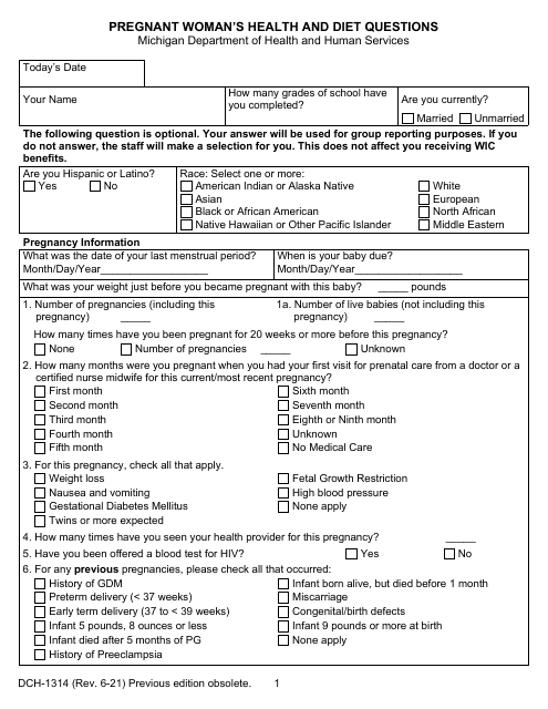 Form DCH-1314 Pregnant Woman's Health and Diet Questions - Michigan