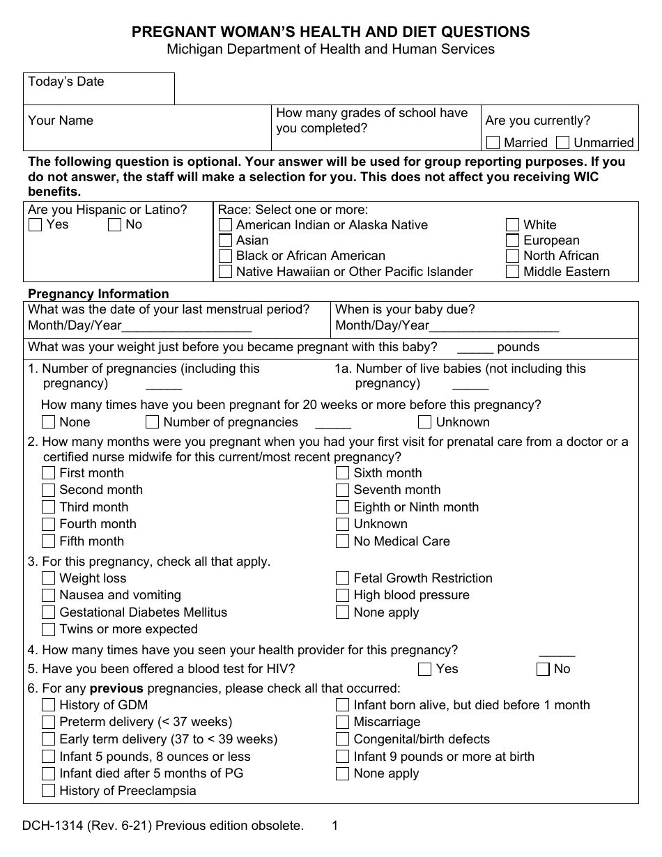 Form DCH-1314 Pregnant Womans Health and Diet Questions - Michigan, Page 1