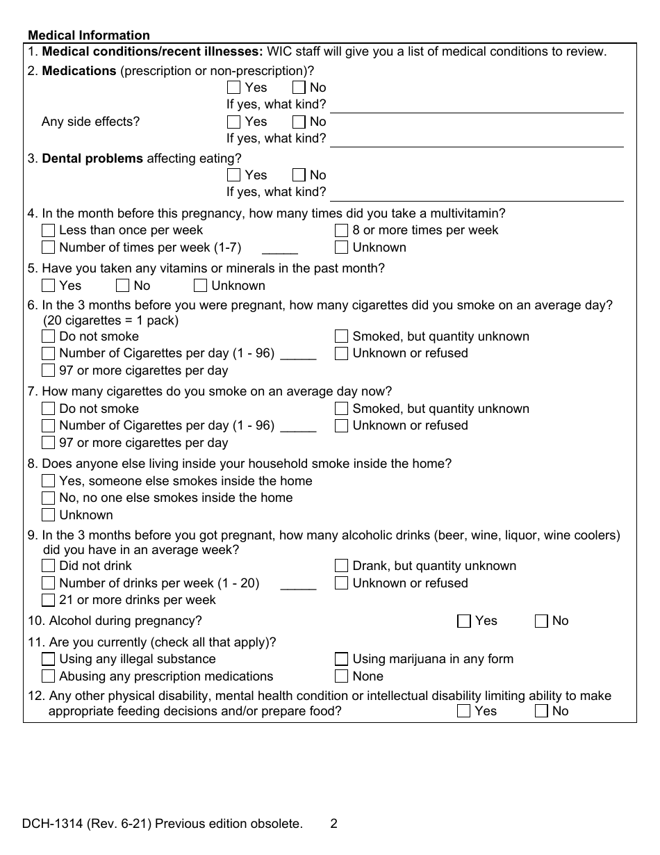 Form DCH-1314 Pregnant Womans Health and Diet Questions - Michigan, Page 2