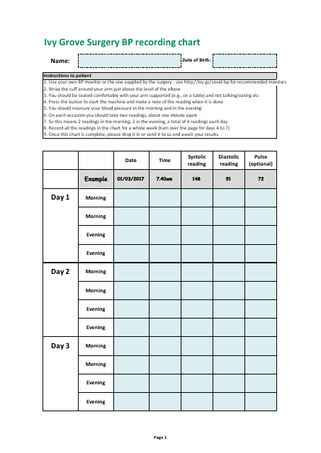 BP recording chart - Easy-to-use template for tracking and monitoring your blood pressure readings over time.