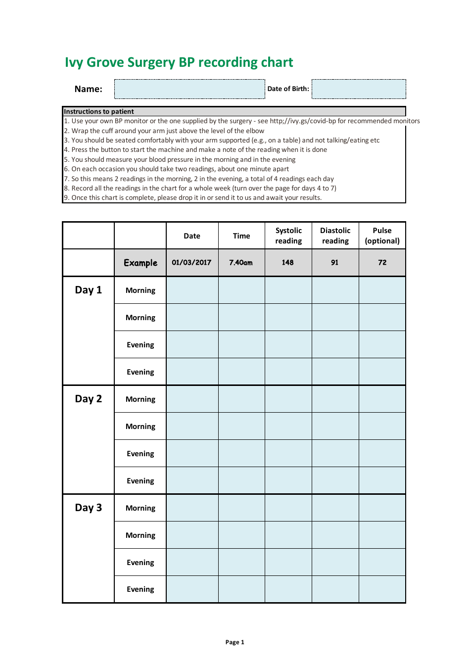 BP recording chart - Easy-to-use template for tracking and monitoring your blood pressure readings over time.