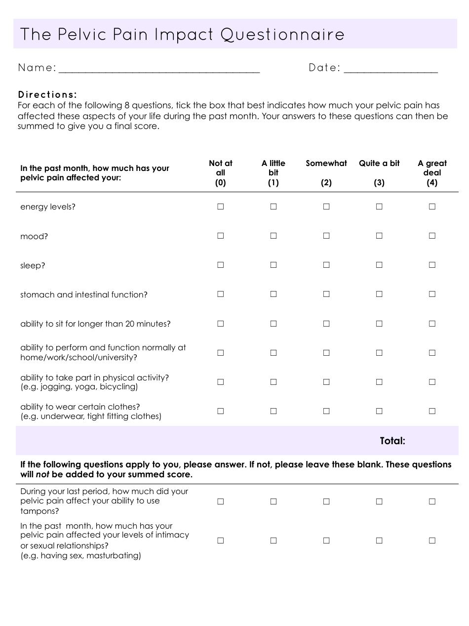 Pelvic Pain Impact Questionnaire Fill Out, Sign Online and Download