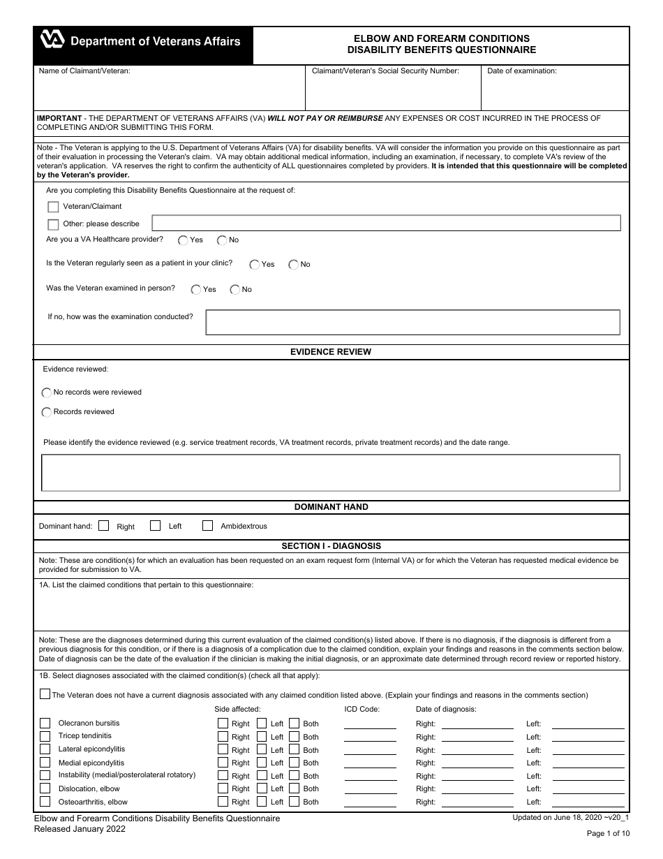 Elbow and Forearm Conditions Disability Benefits Questionnaire, Page 1