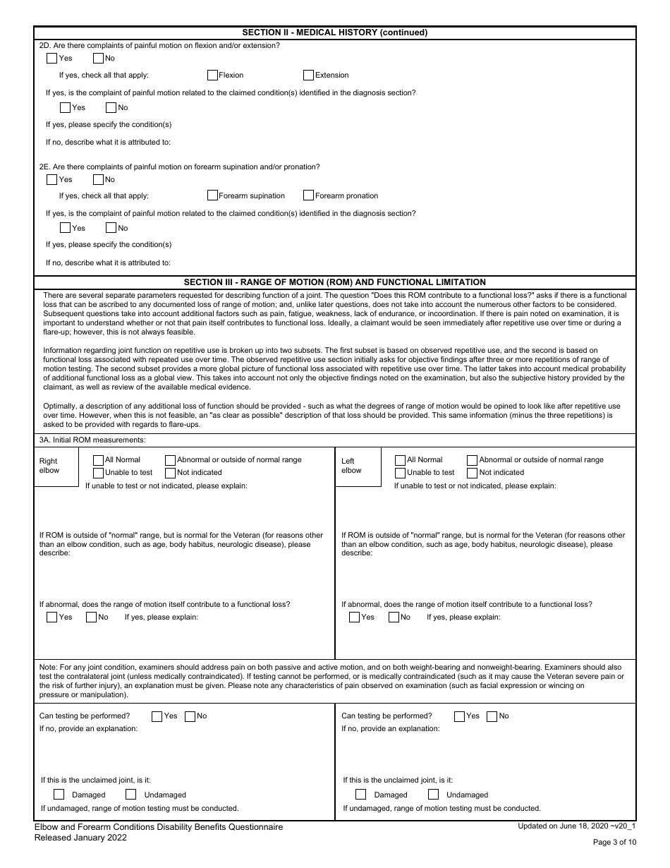 Elbow and Forearm Conditions Disability Benefits Questionnaire, Page 3