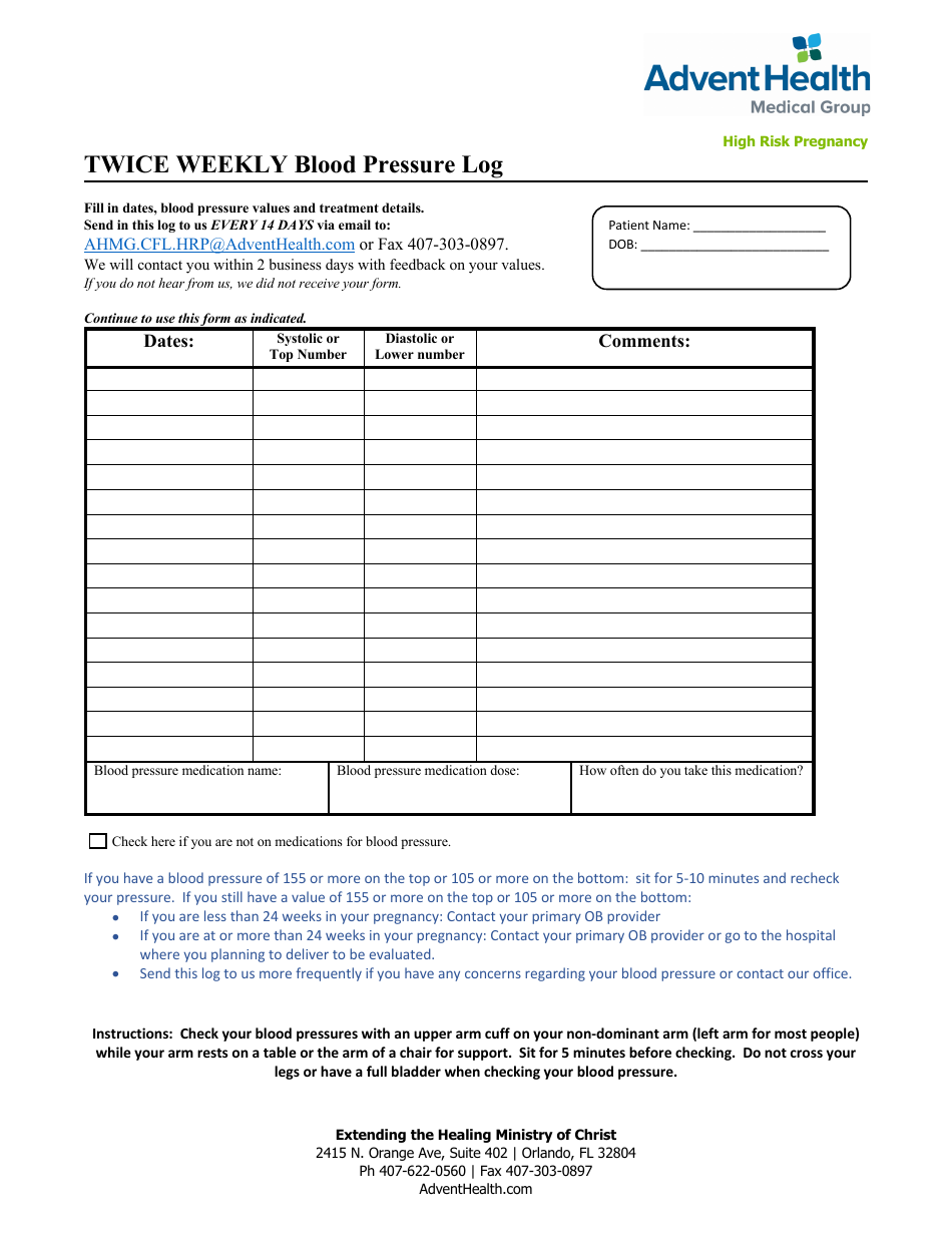 Twice Weekly Blood Pressure Log - High Risk Pregnancy