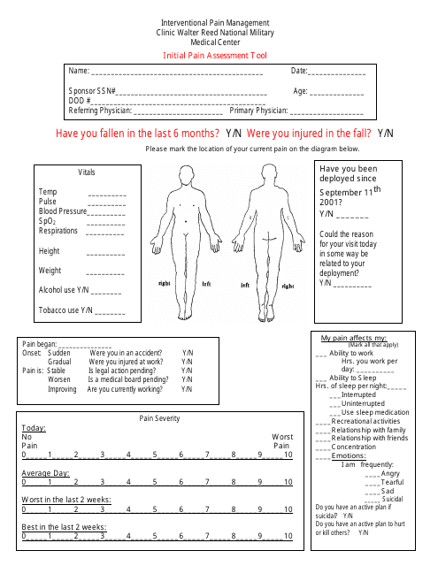 Illustration of a blank form for the Initial Pain Assessment Tool