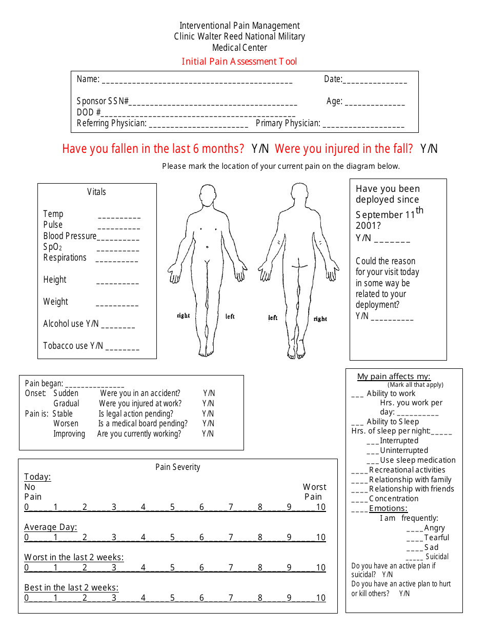 Illustration of a blank form for the Initial Pain Assessment Tool