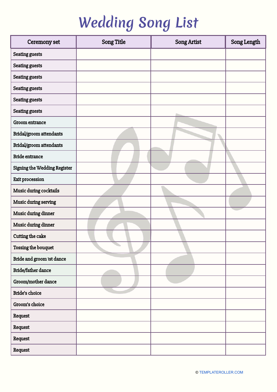 Wedding Song List Template Download Printable PDF Templateroller