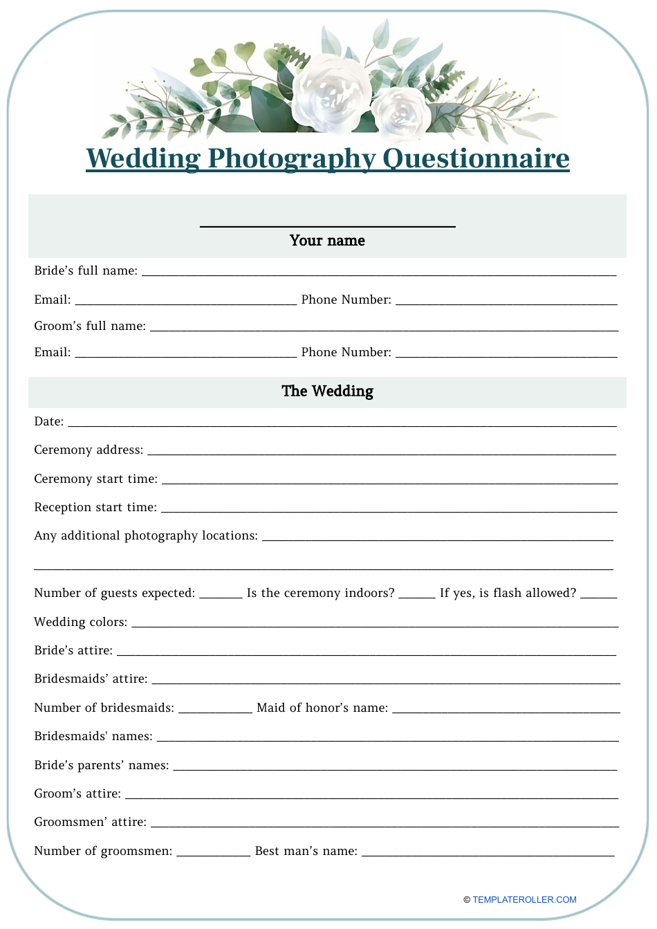 Wedding Photography Questionnaire Template Download Printable PDF