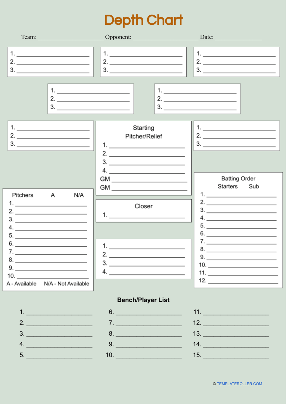 Baseball depth chart template - A chart illustrating the positions and organization of players within a baseball team.
