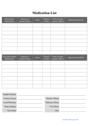 Document preview: Medication List Template - Black