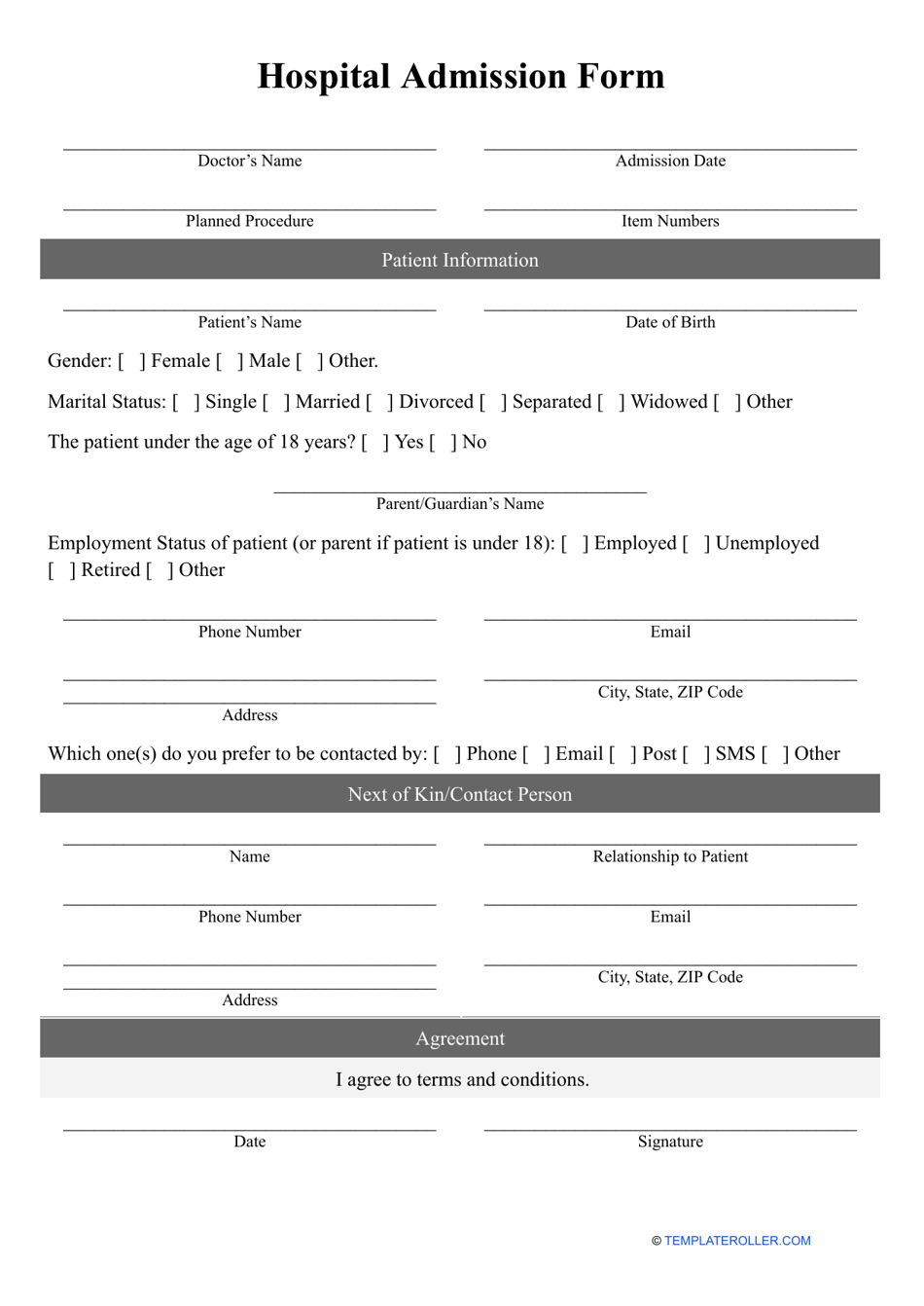Hospital Admission Form, Page 1