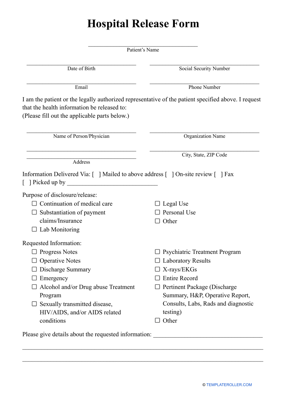 Hospital Release Form, Page 1