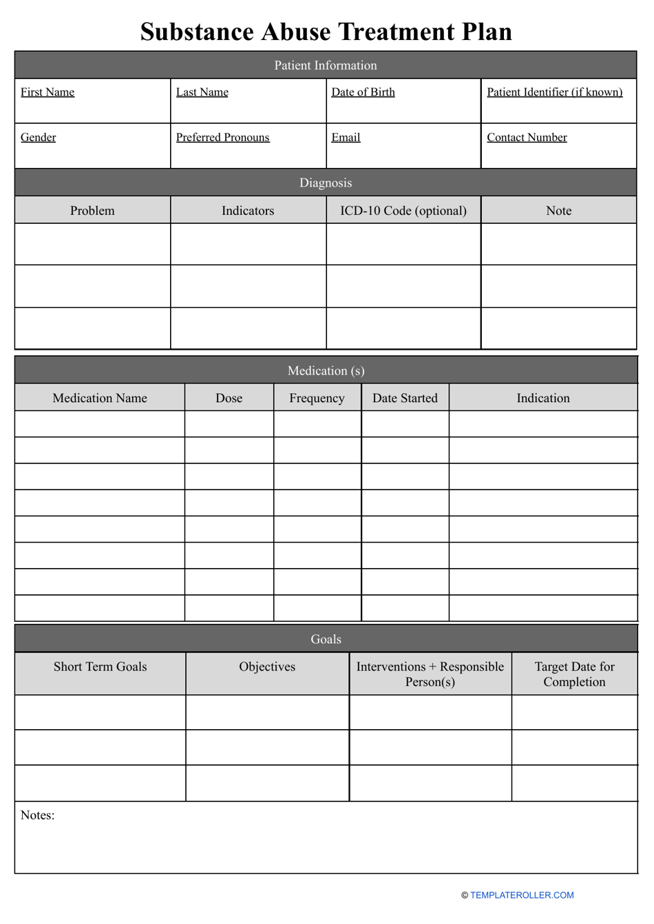 Substance Abuse Treatment Plan Template Download Printable PDF