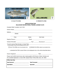 Document preview: Application for Delaware Recreational Fishing License Plate - Delaware
