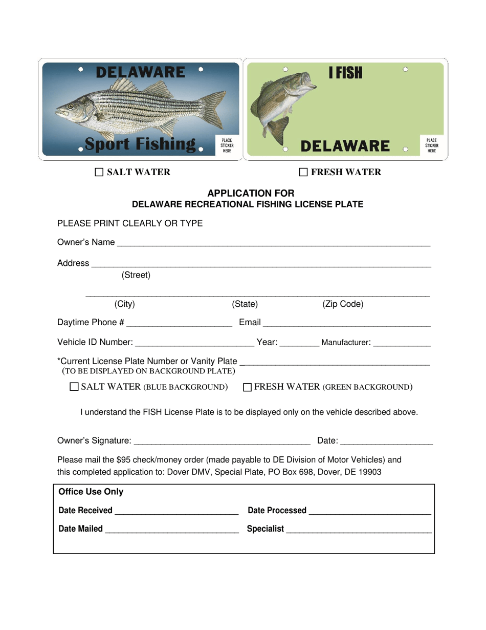 Delaware Application for Delaware Recreational Fishing License Plate