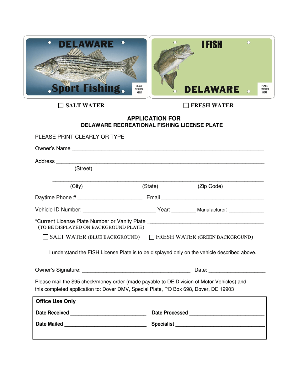 Application for Delaware Recreational Fishing License Plate - Delaware, Page 1