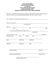 Document preview: Form MV60 Dealer's Notification of Used Vehicle Received - Delaware