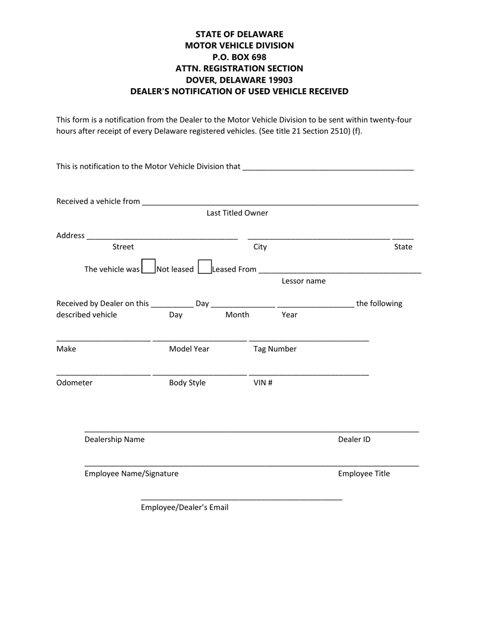 Form MV60 Dealers Notification of Used Vehicle Received - Delaware, Page 1