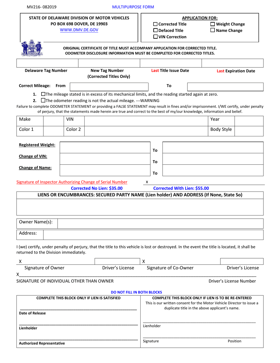 Form MV216 Application for Title Correct / Multipurpose Form - Delaware, Page 1