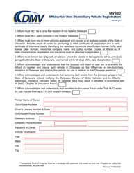 Document preview: Form MV680 Affidavit of Non-domiciliary Vehicle Registration - Delaware