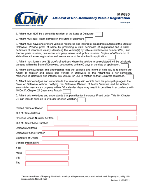 Form MV680 Affidavit of Non-domiciliary Vehicle Registration - Delaware