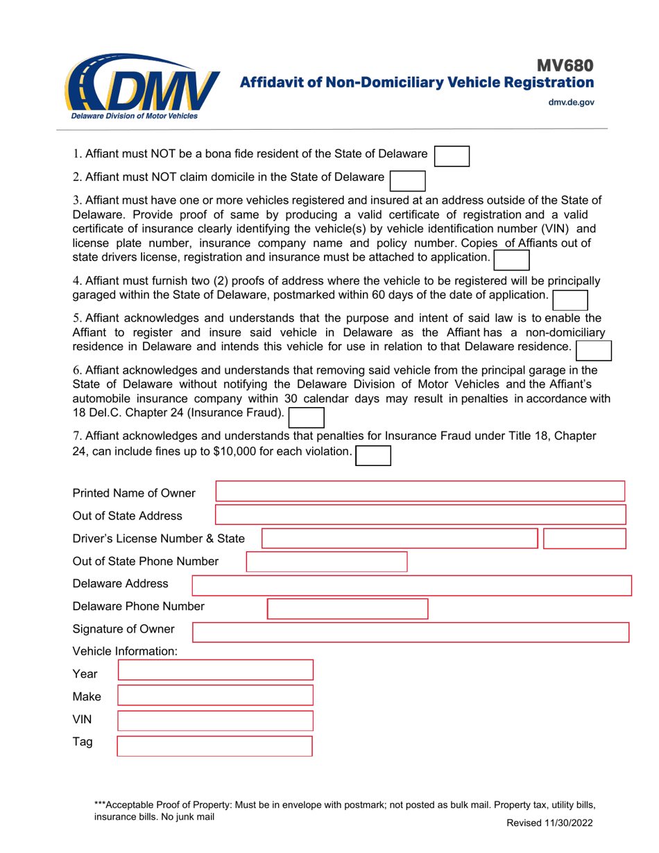 Form MV680 Affidavit of Non-domiciliary Vehicle Registration - Delaware, Page 1