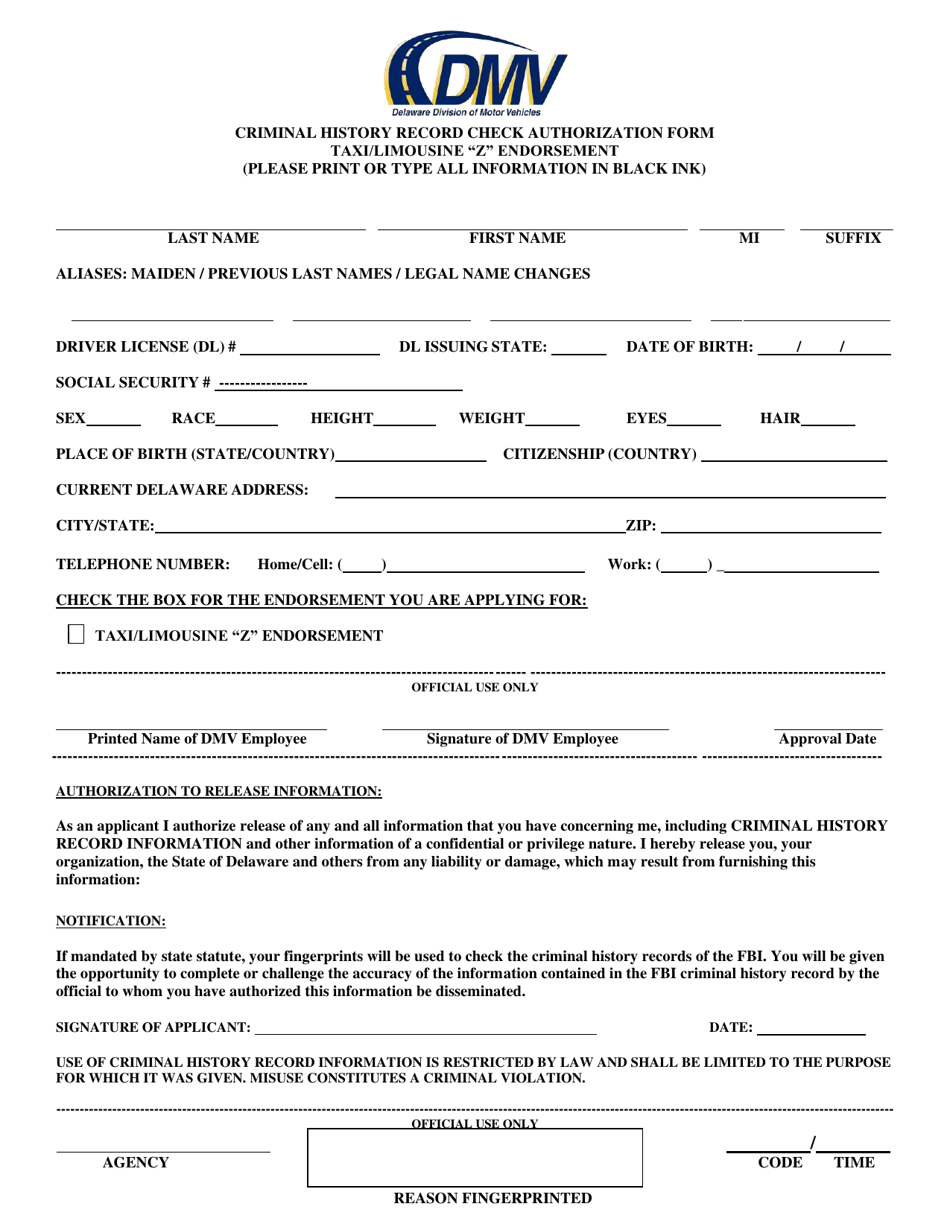 Delaware Criminal History Record Check Authorization Form Taxi
