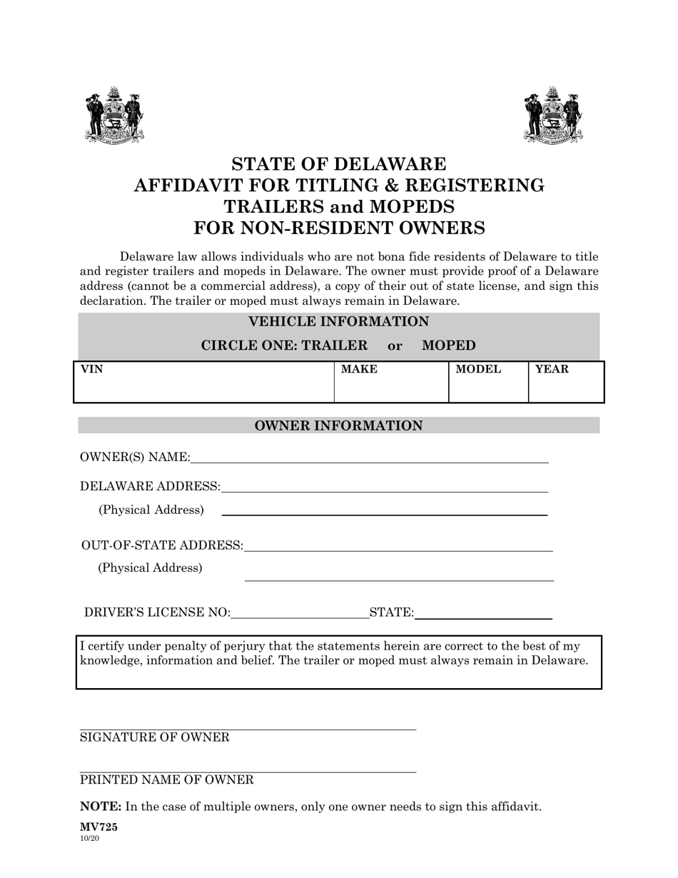 Form MV725 Affidavit for Titling  Registering Trailers and Mopeds for Non-resident Owners - Delaware, Page 1