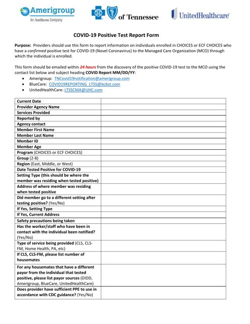 Covid-19 Positive Test Report Form - Tennessee Download Pdf