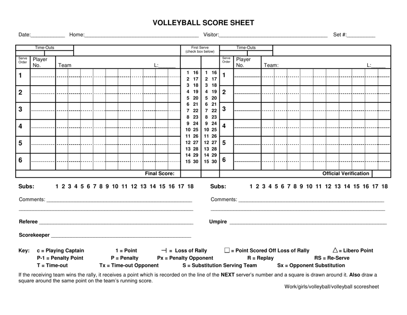 Volleyball Score Sheet - Table