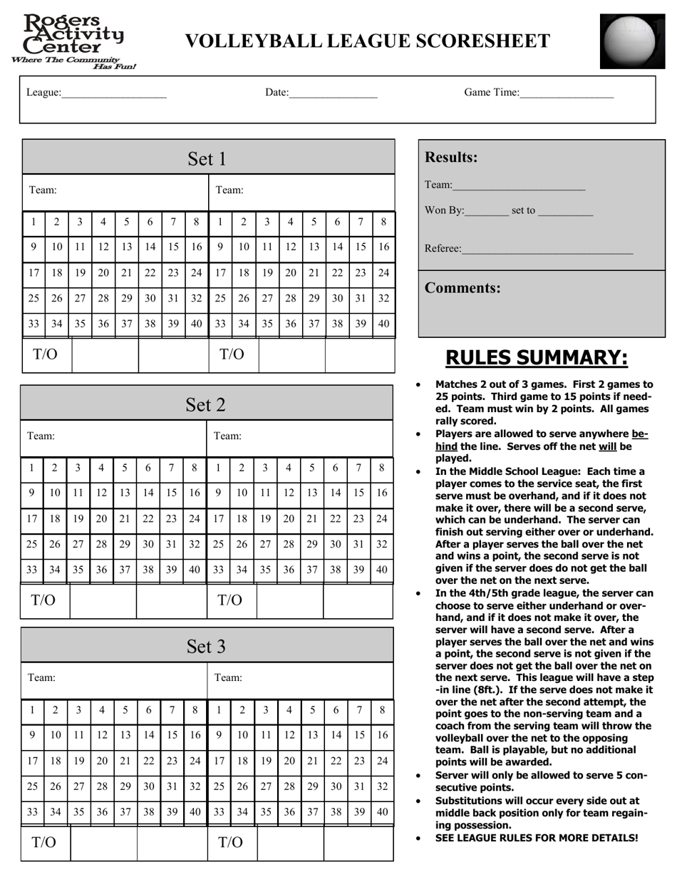Volleyball Score Sheet template with blank score boxes ready to be filled out.