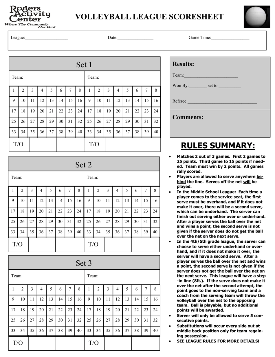 Volleyball Score Sheet Rogers Activity Center Download Printable PDF