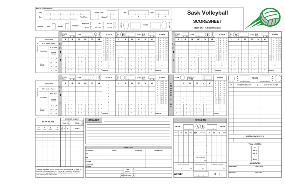 Volleyball Score Sheet - Sask - Printable Template