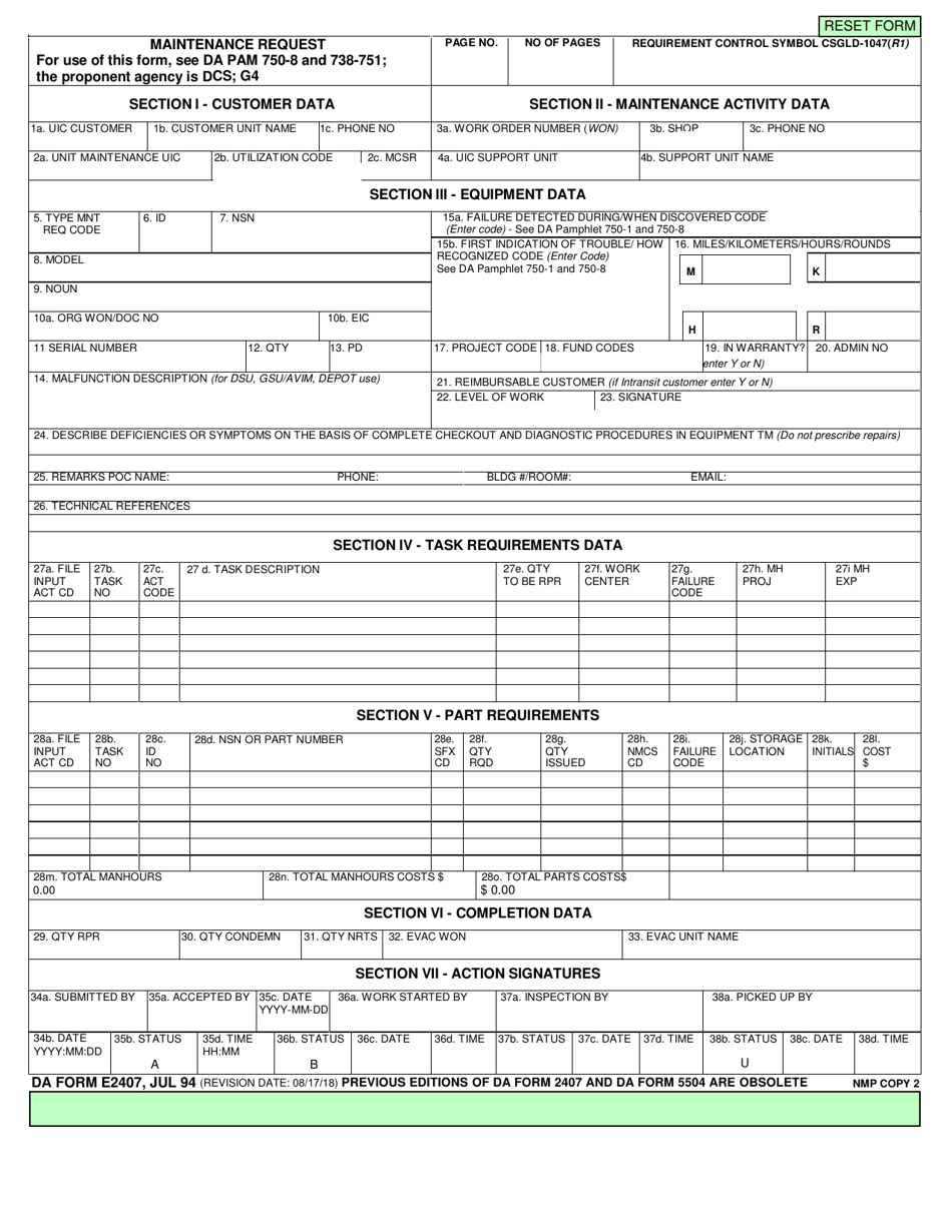 DA Form 2407 - Fill Out, Sign Online And Download Fillable PDF ...