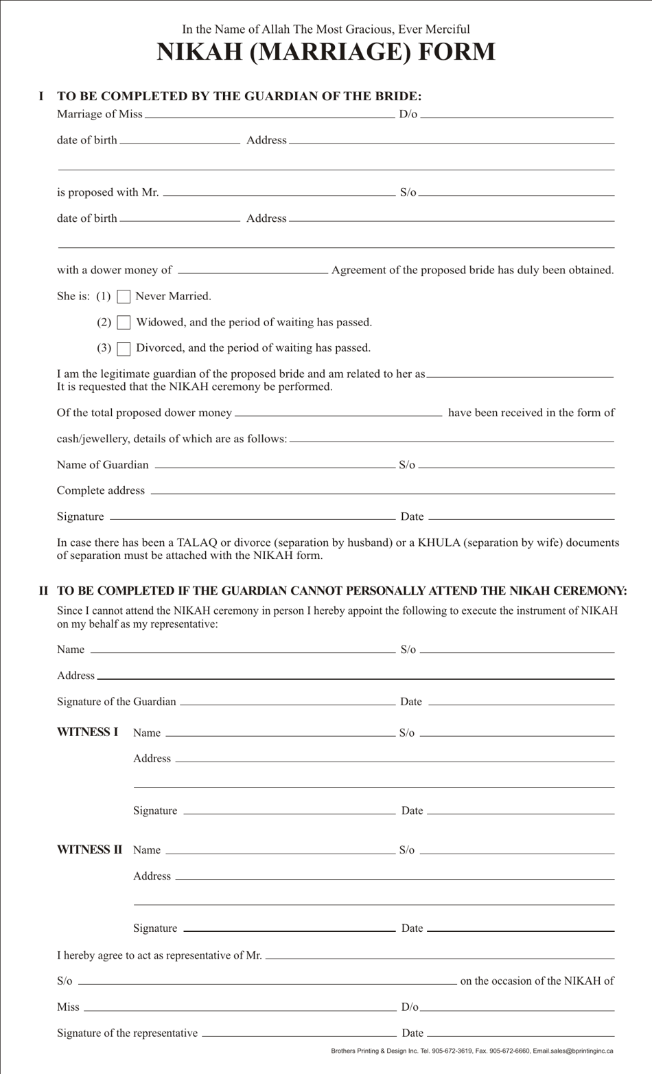 Nikah (Marriage) Form, Page 1