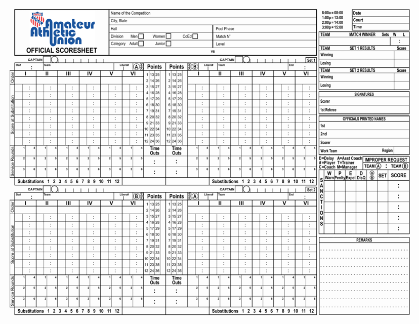 Volleyball Score Sheet - Aau