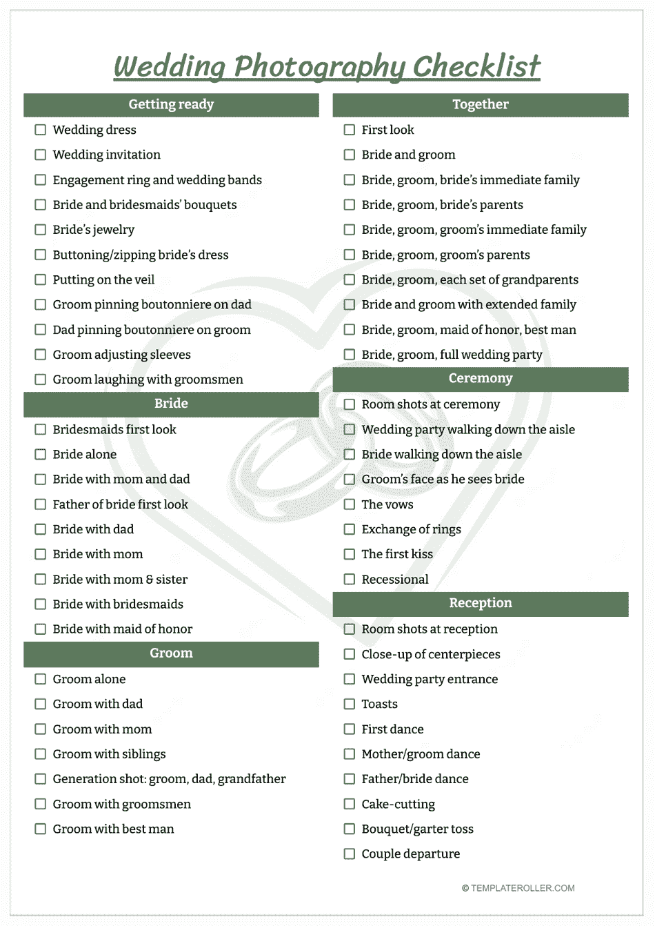 Wedding Photography Checklist Template Download Printable PDF