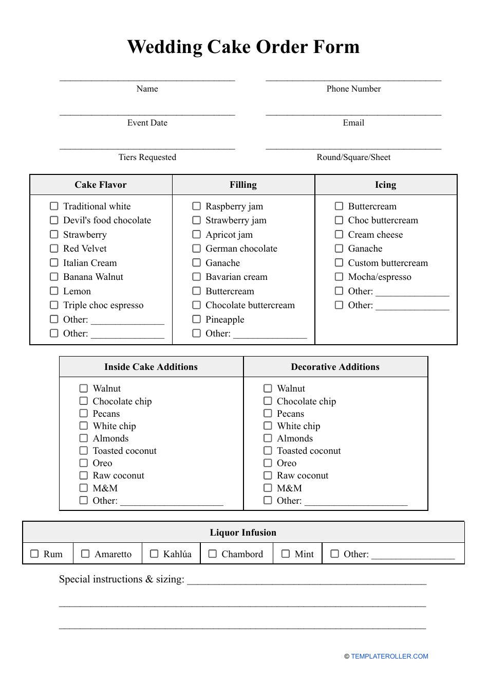 Wedding Cake Order Form - Fill Out, Sign Online and Download PDF