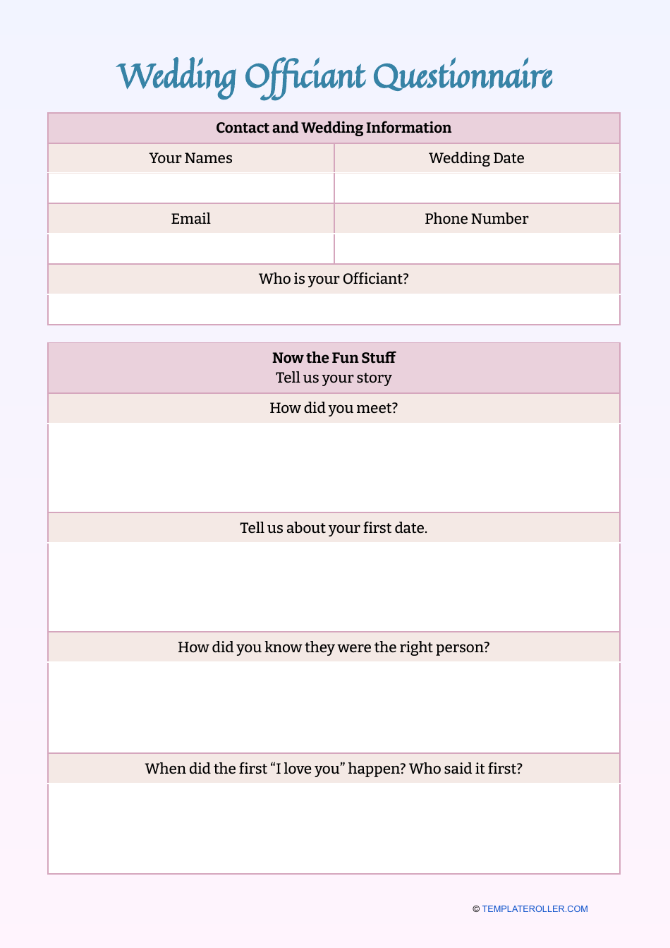 Wedding Officiant Questionnaire Template Download Printable PDF Templateroller