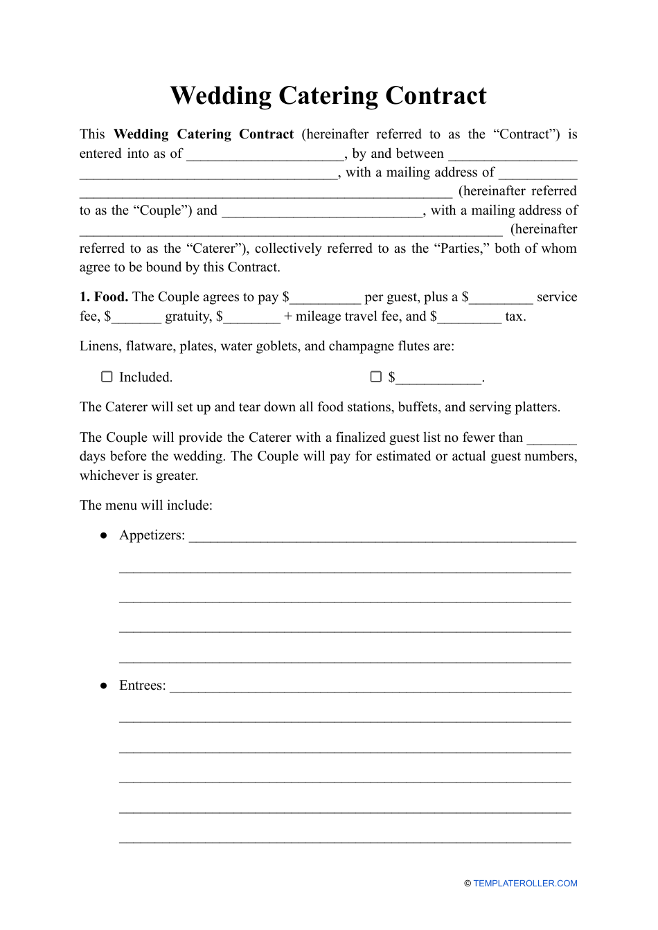 Wedding Catering Contract Template, Page 1