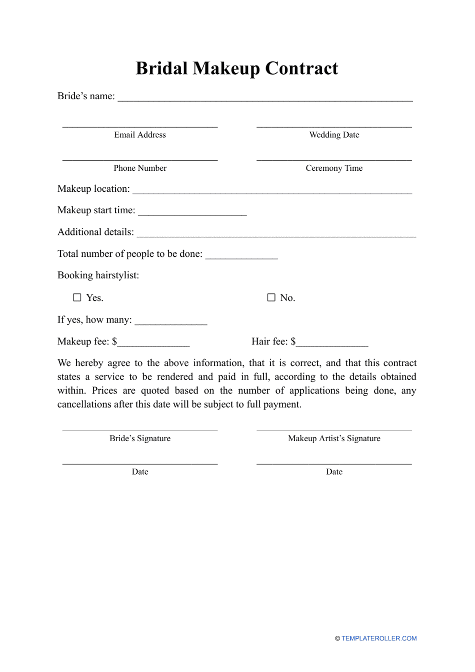 Bridal Makeup Contract Template, Page 1