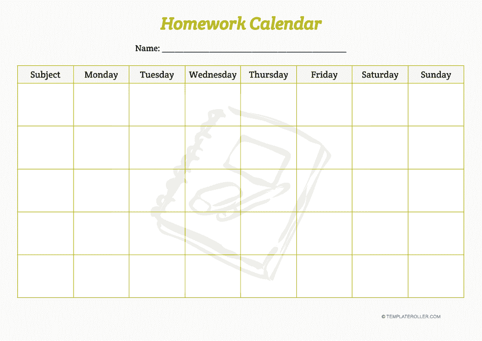homework calendar template pdf