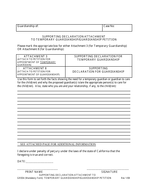 Form GR004 Supporting Declaration Attachment to Temporary Guardianship/Guardianship Petition - Stanislaus County, California