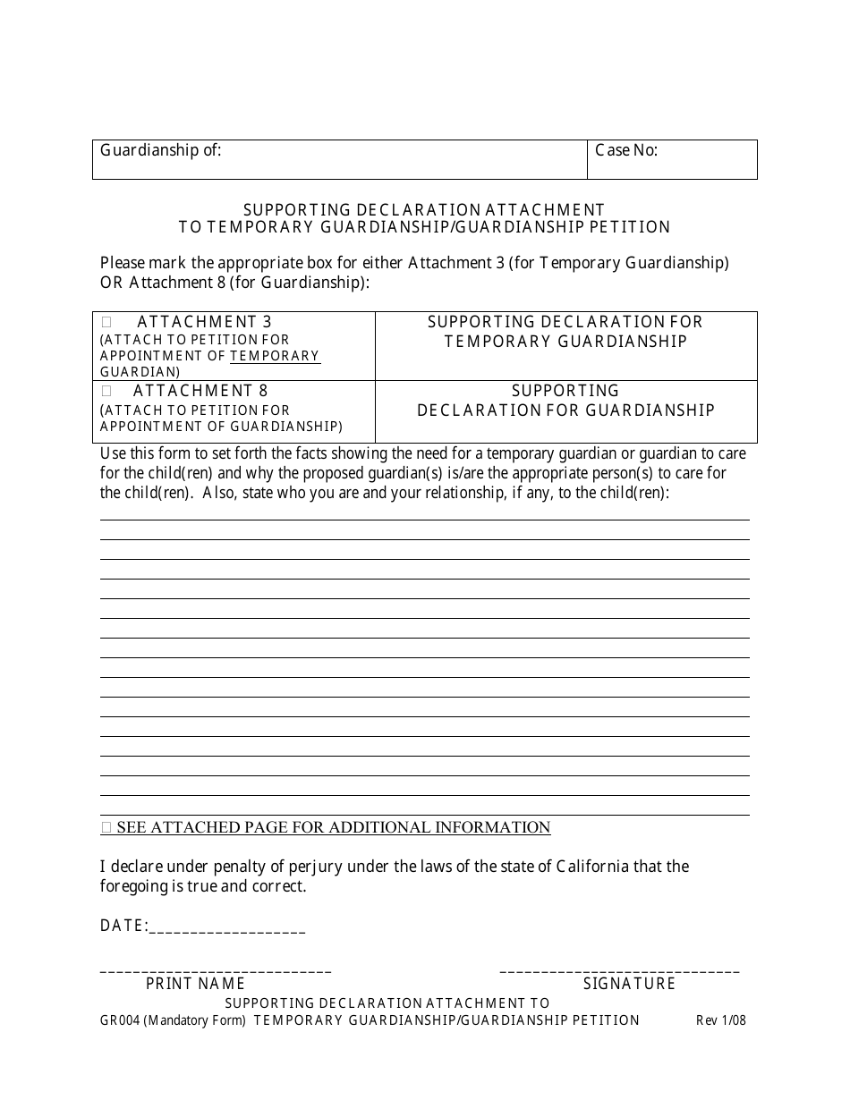 Form GR004 Supporting Declaration Attachment to Temporary Guardianship / Guardianship Petition - Stanislaus County, California, Page 1