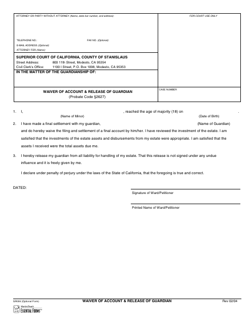 Form GR006 Waiver of Account & Release of Guardian - Stanislaus County, California