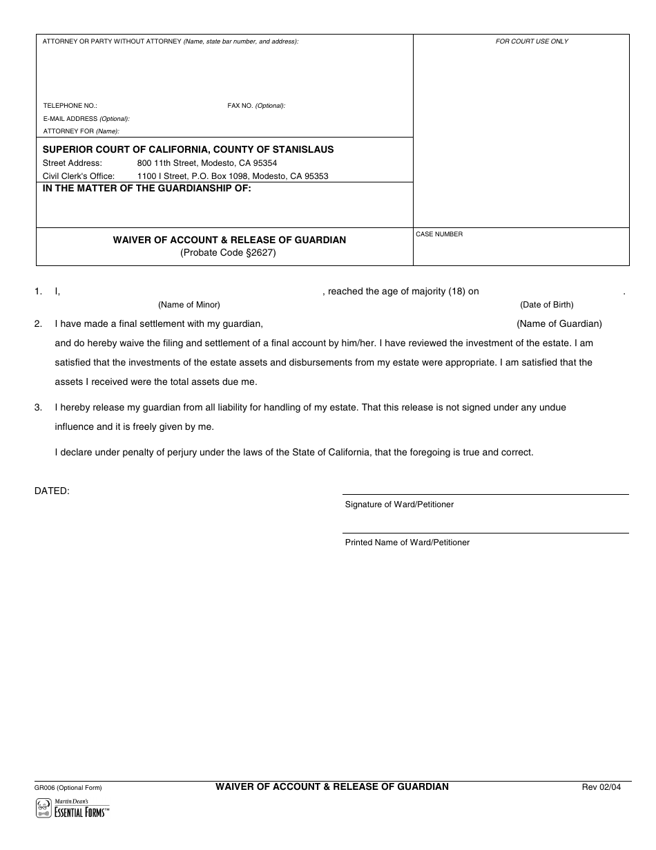 Form GR006 Waiver of Account  Release of Guardian - Stanislaus County, California, Page 1